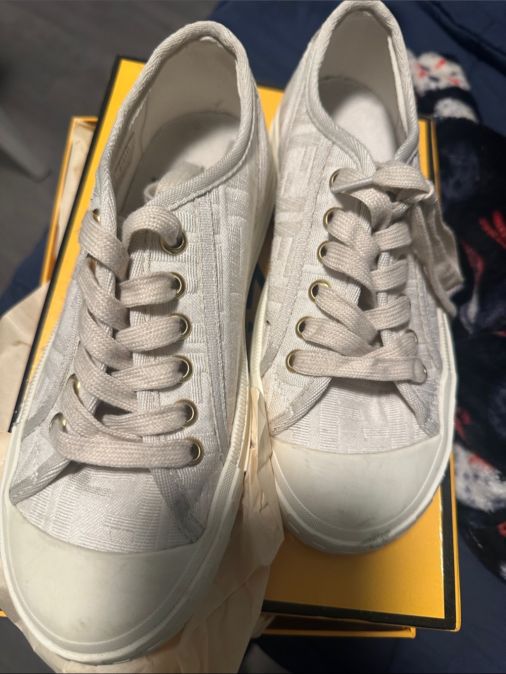 Fendi White / Cream Low Top Logo Canvas Sneakers